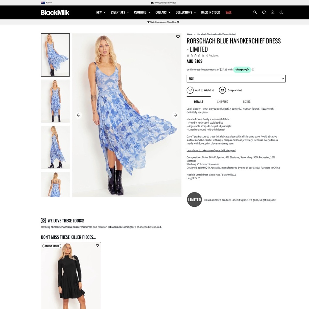 Blackmilk Rorschach Blue Handkerchief Dress - Picture 5 of 5